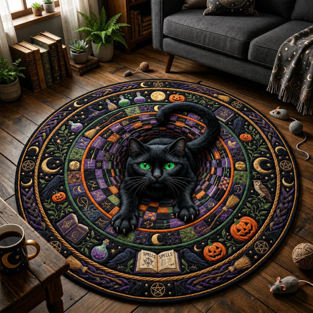 Black Cat Vortex Round Mat Rug - Cute Pet Design | Animal Printed Home Decor