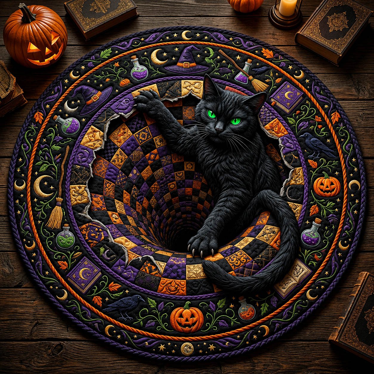 Black Cat Vortex Round Mat Rug - Cute Pet Design | Animal Printed Home Decor