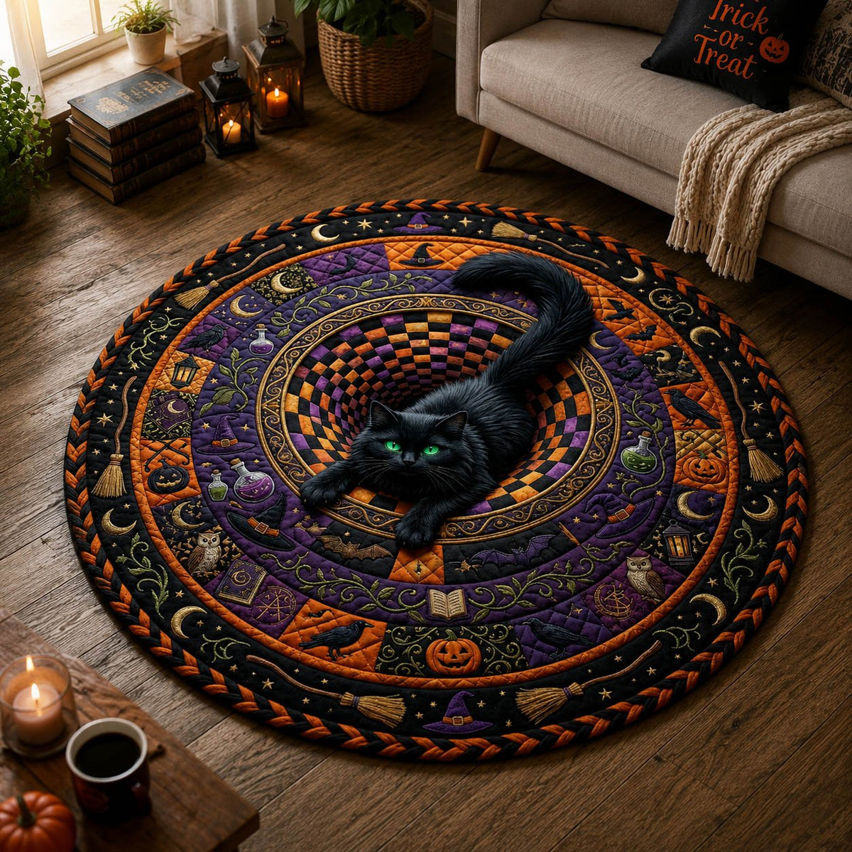 Black Cat Vortex Round Mat Rug - Cute Pet Design | Animal Printed Home Decor