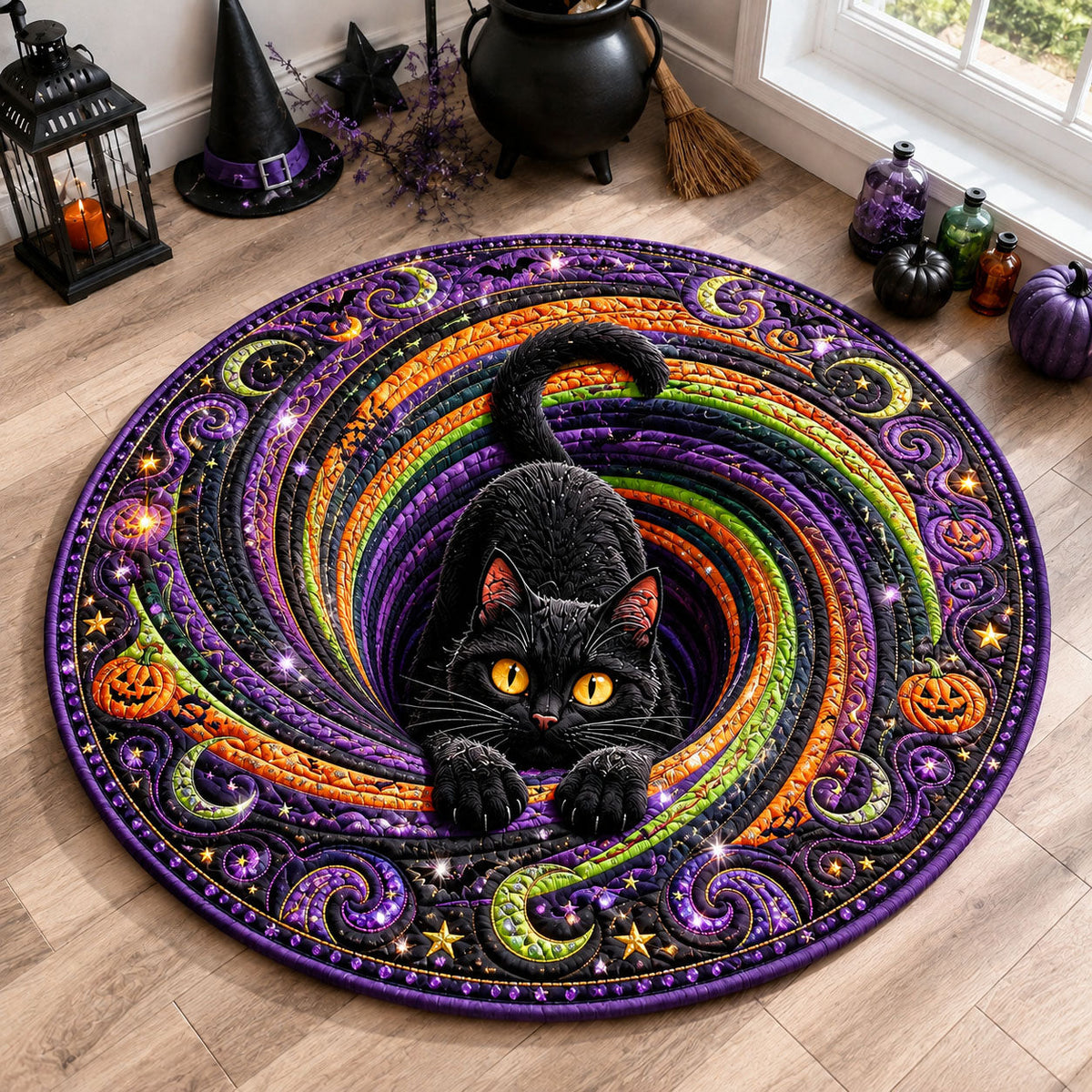 Black Cat Votex Round Mat Rug - Cute Animal Design | Charming Home Decor - washable non-slip printed rug