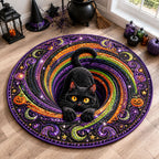 Black Cat Votex Round Mat Rug - Cute Animal Design | Charming Home Decor - washable non-slip printed rug