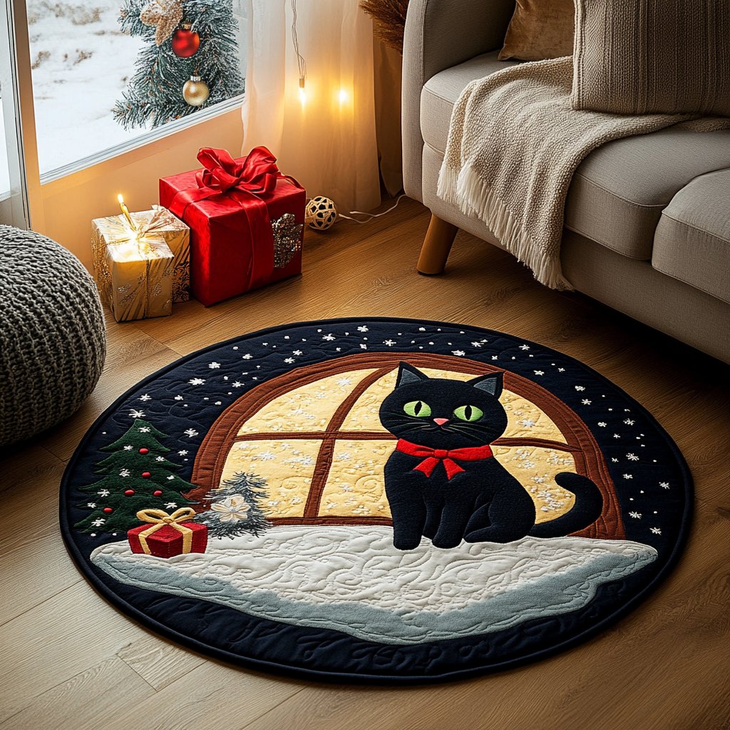 Black Cat Wish Round Mat Rug - washable non-slip printed rug