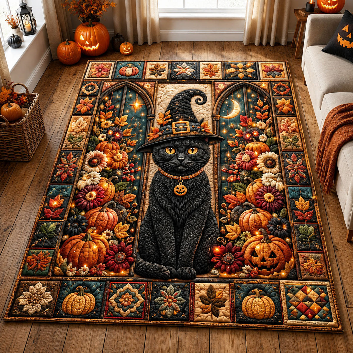 Black Cat Witch Garden area rug in a living room
