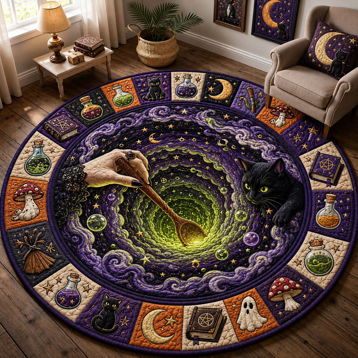 Black Cat Witchs Cauldron Halloween Round Mat Rug - washable non-slip printed rug