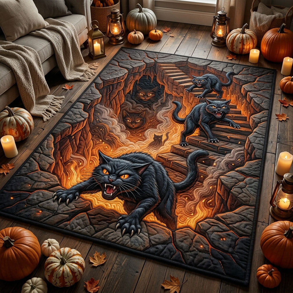 Black Cats Fiery Hell Pit area rug in a living room