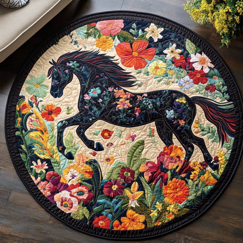 Black Horse Running Round Mat Rug - Cute Pet Design | Animal Printed Home Decor