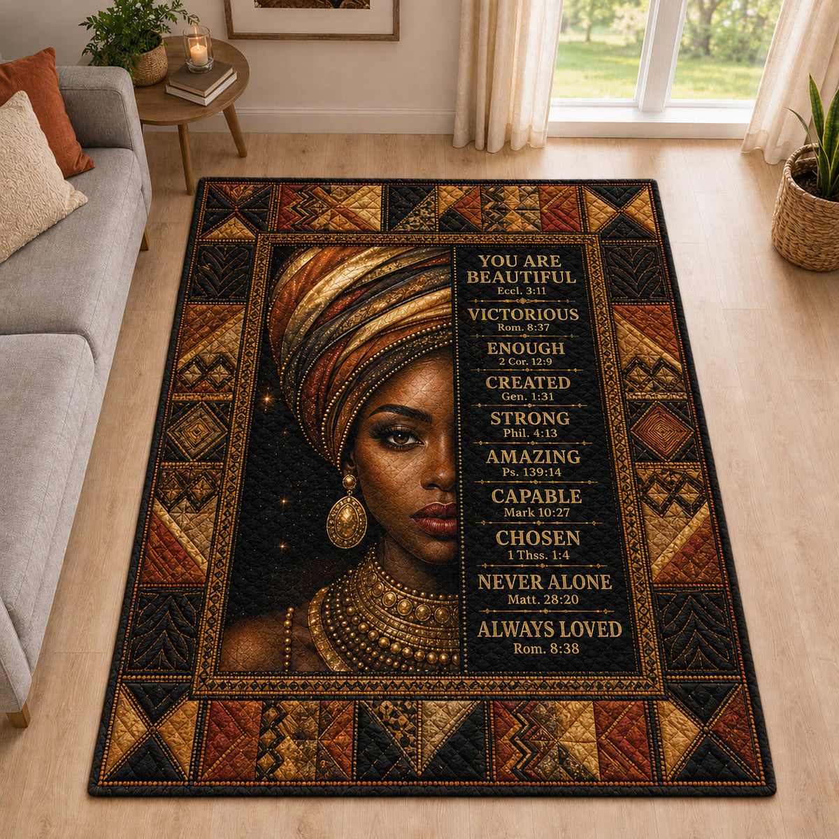 Black Queen area rug in a living room