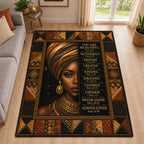 Black Queen area rug in a living room