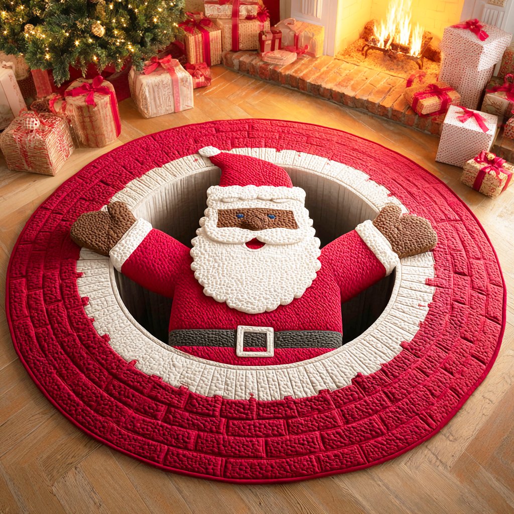 Black Santa Christmas Round Mat Rug - washable non-slip printed rug