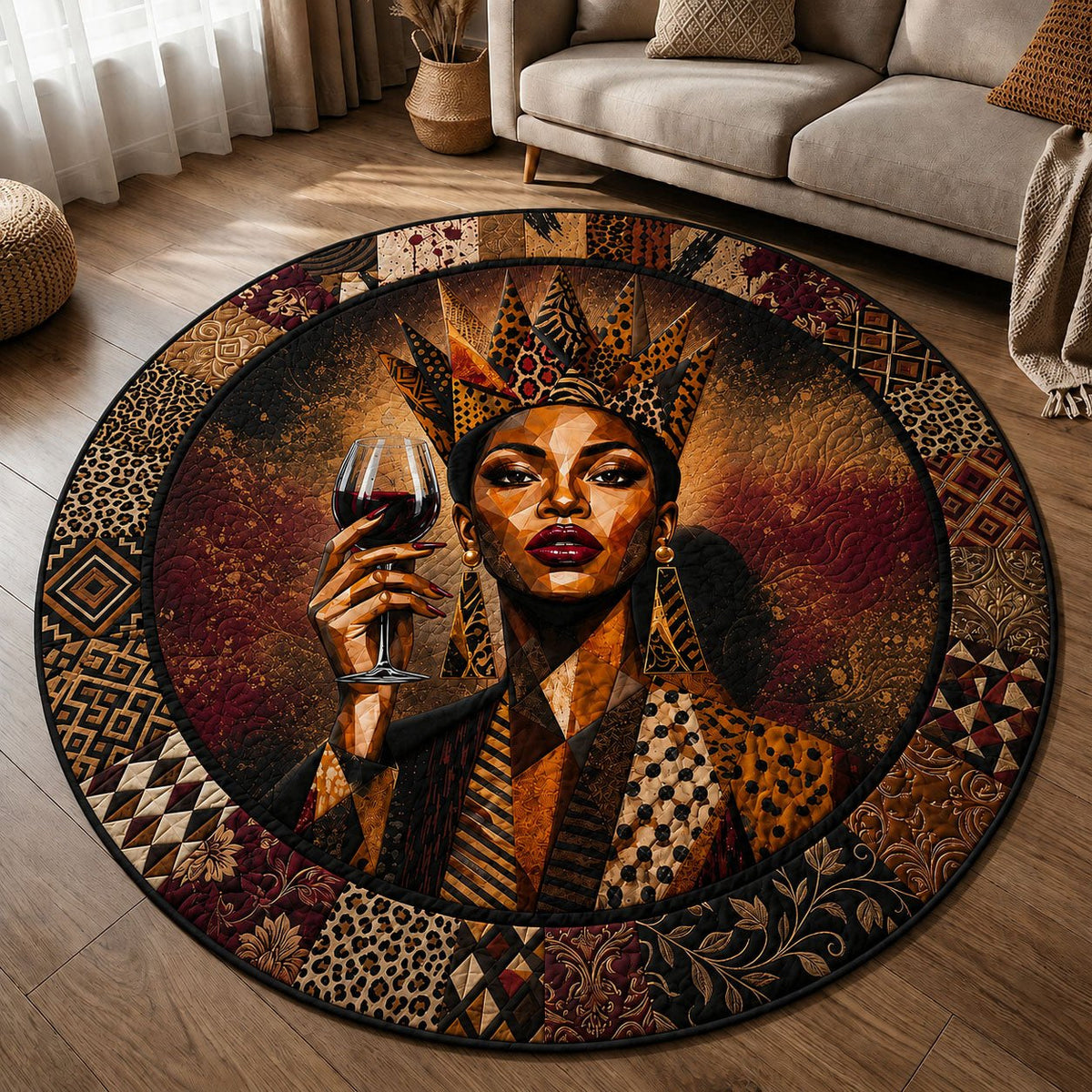 Black Woman Wine Round Mat Rug - washable non-slip printed rug