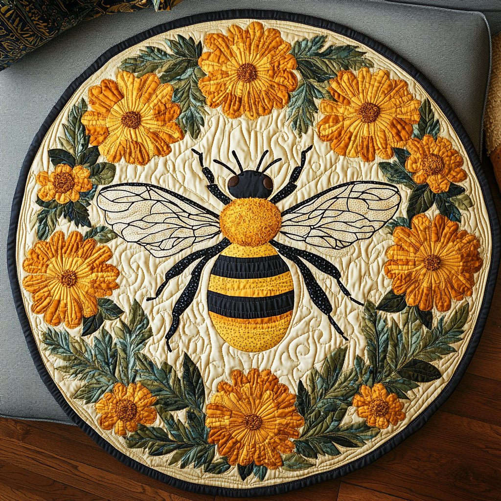 Bloom Bee Round Mat Rug - washable non-slip printed rug