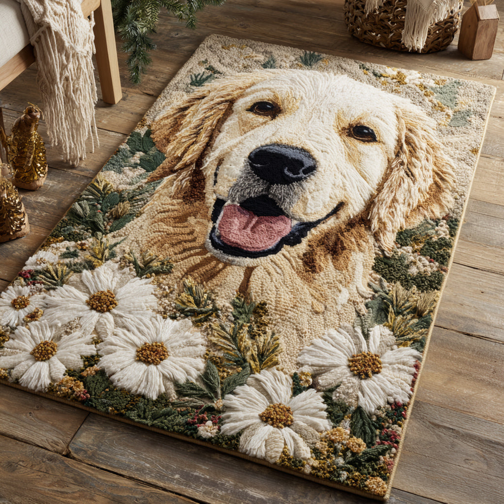 Bloom Golden Retriever area rug in a living room