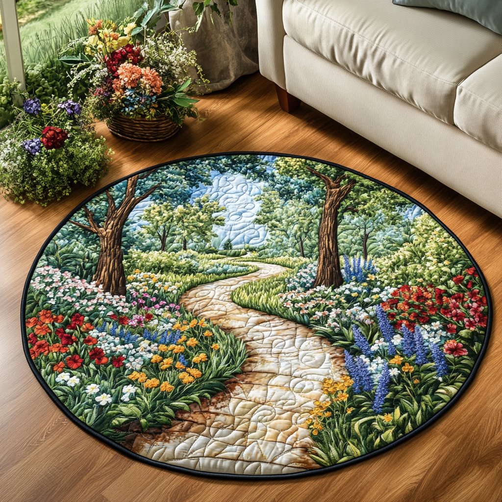 Bloom Path Round Mat Rug - washable non-slip printed rug