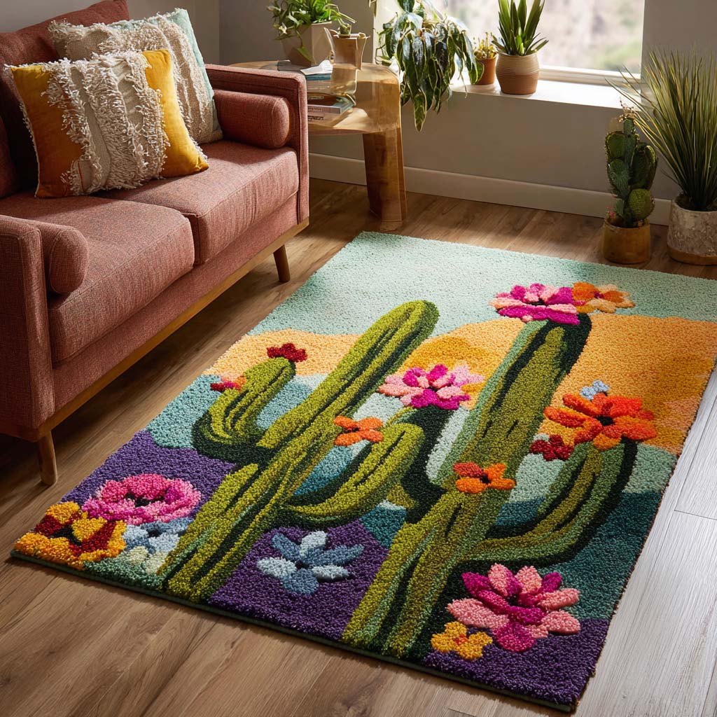 Blooming Cactus area rug in a living room