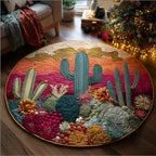 Blooming Cactus Round Mat Rug - washable non-slip printed rug