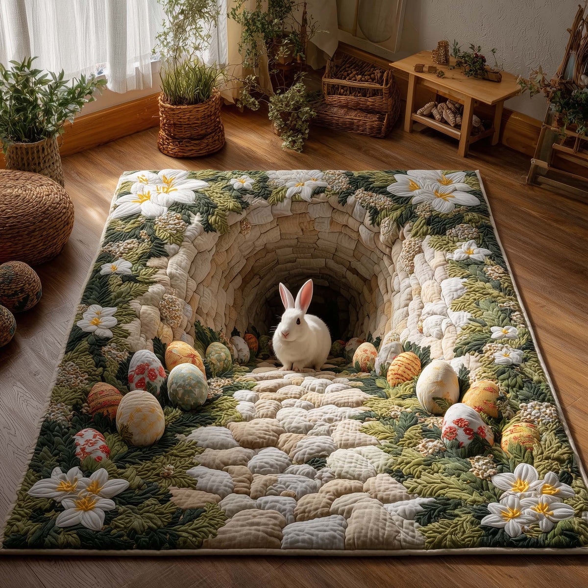 Blooming Easter Tunnel area rug in a living room