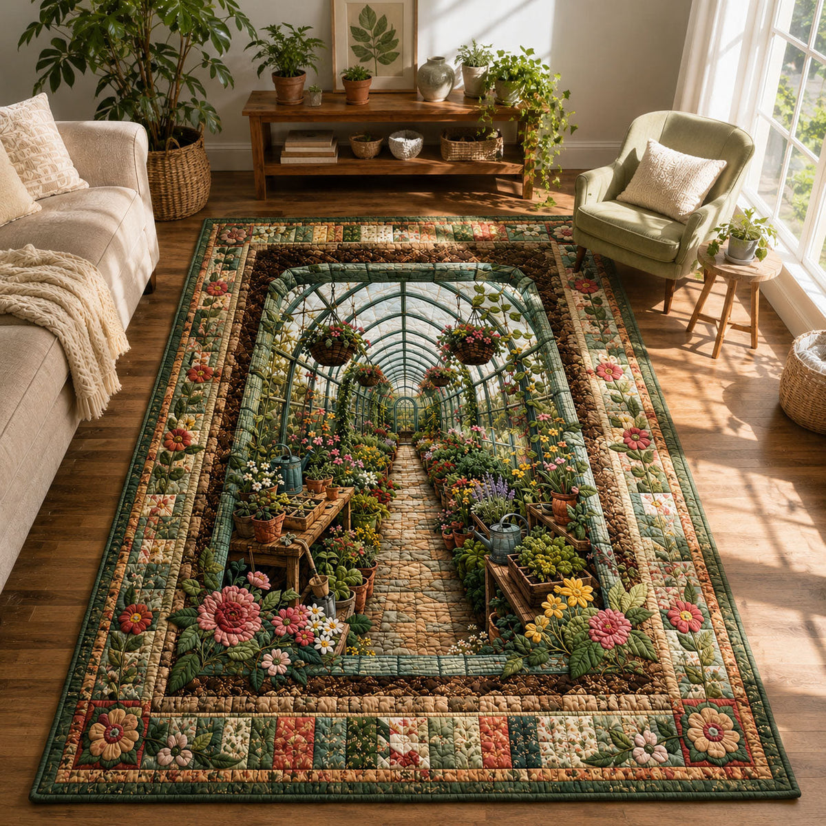 Blooming Greenhouse area rug in a living room