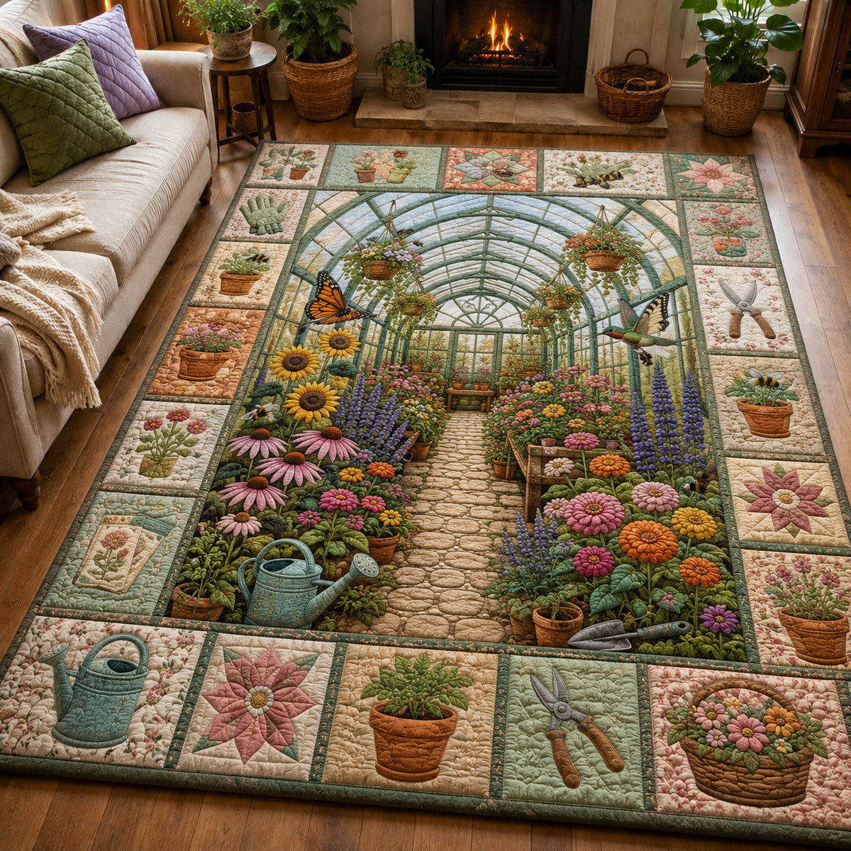 Blooming Greenhouse Retreat area rug in a living room