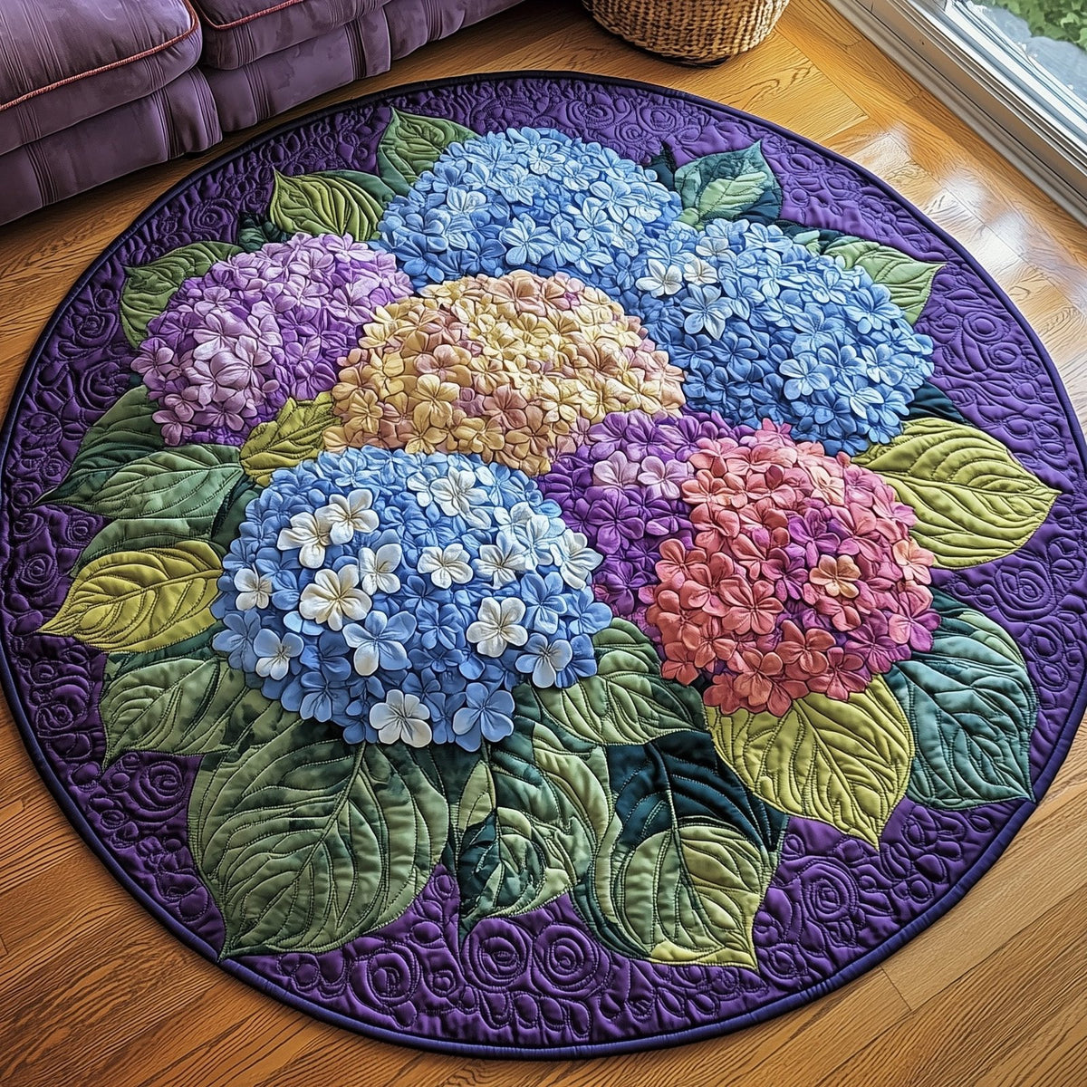 Blooming Hydrangea Paradise Round Mat Rug - washable non-slip printed rug