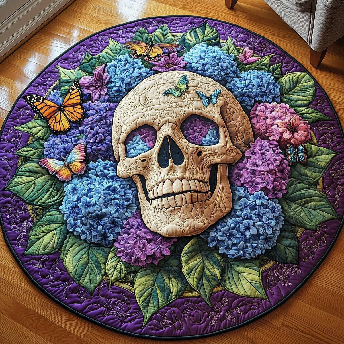 Blooming Hydrangea Skull Round Mat Rug - washable non-slip printed rug