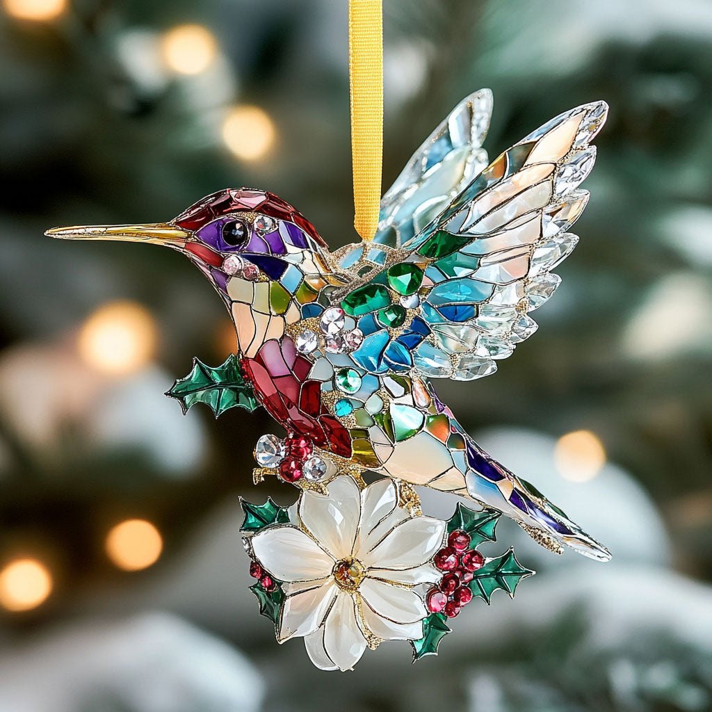 Stained Glass Hummingbird with Poinsettia Christmas Ornament