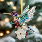 Stained Glass Hummingbird with Poinsettia Christmas Ornament