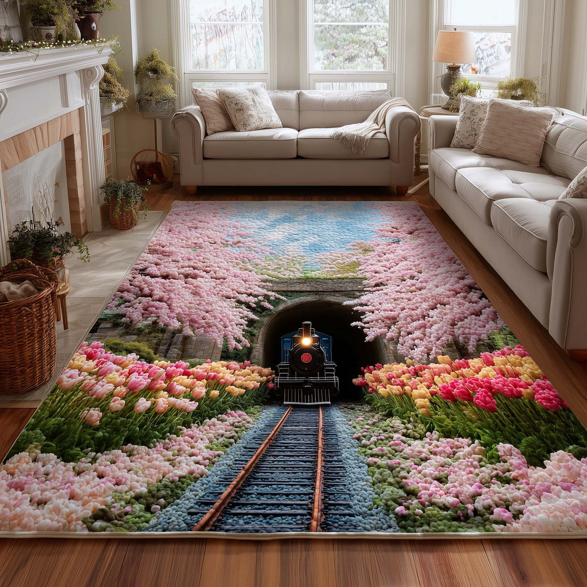 Blossom Archway Locomotive area rug in a living room
