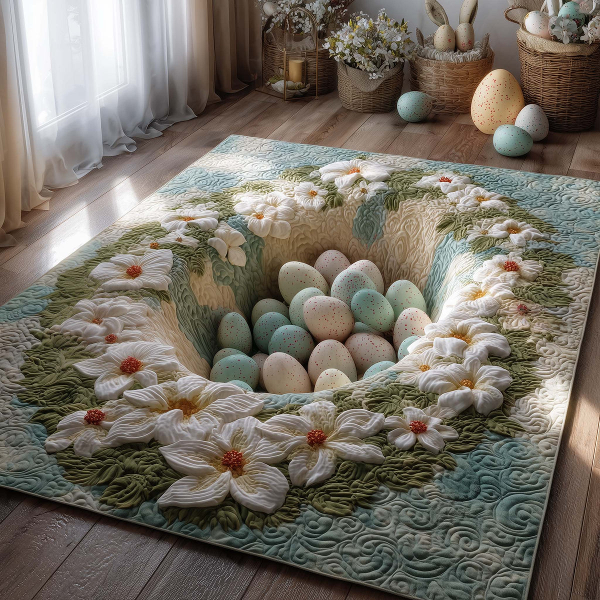 Blossom Easter Nest area rug in a living room