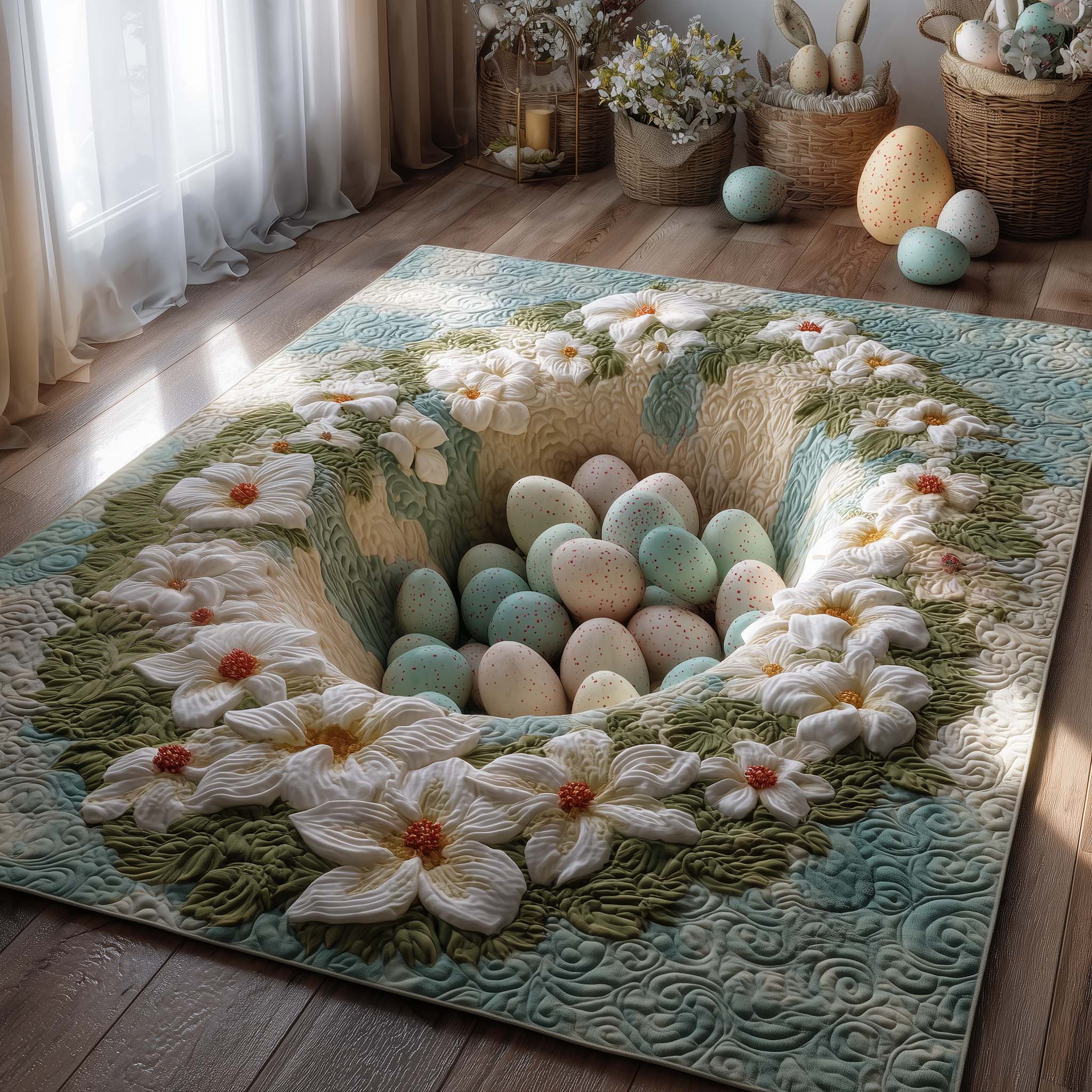 Blossom Easter Nest area rug in a living room