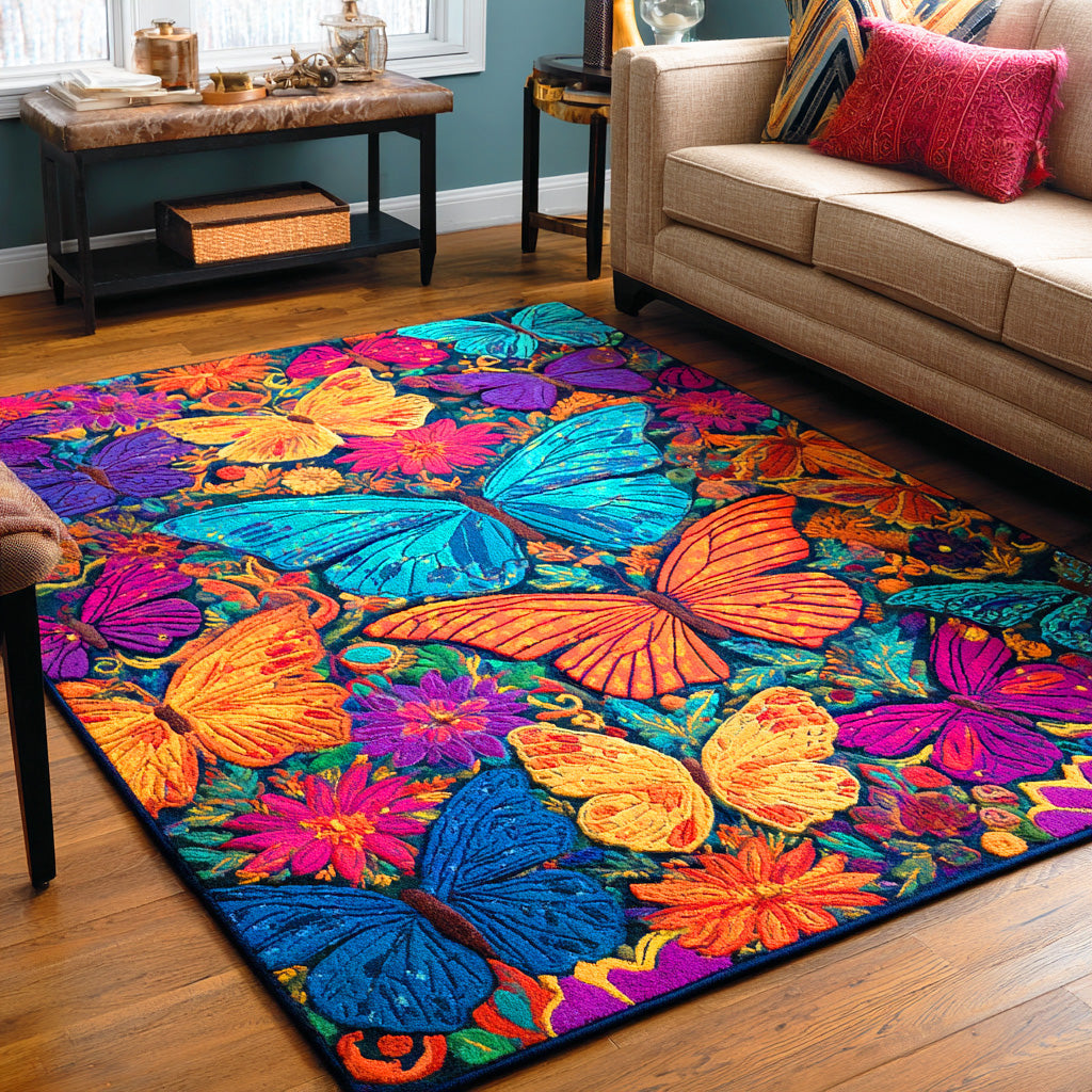 Blossom Wings area rug in a living room