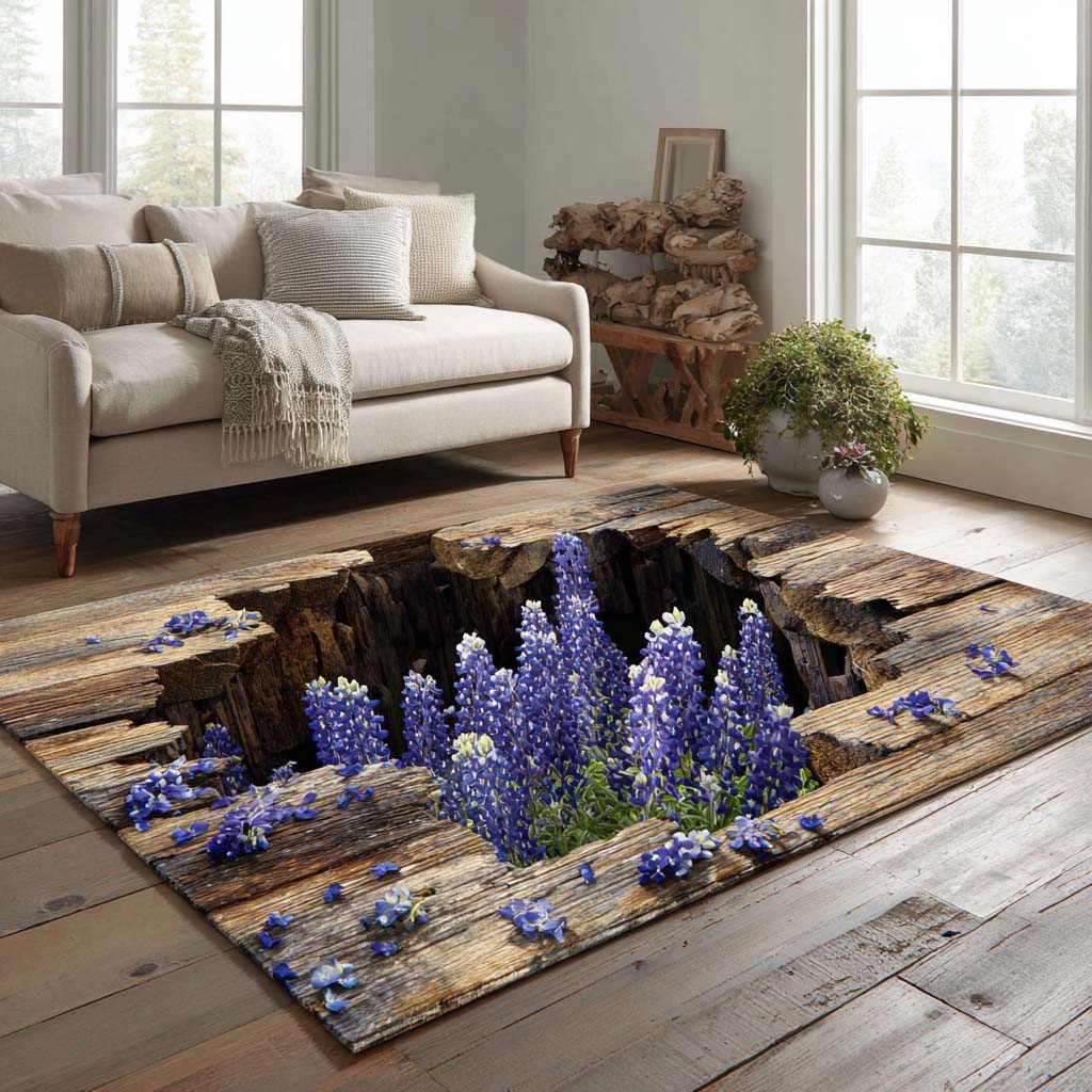 Blue Blossom area rug in a living room