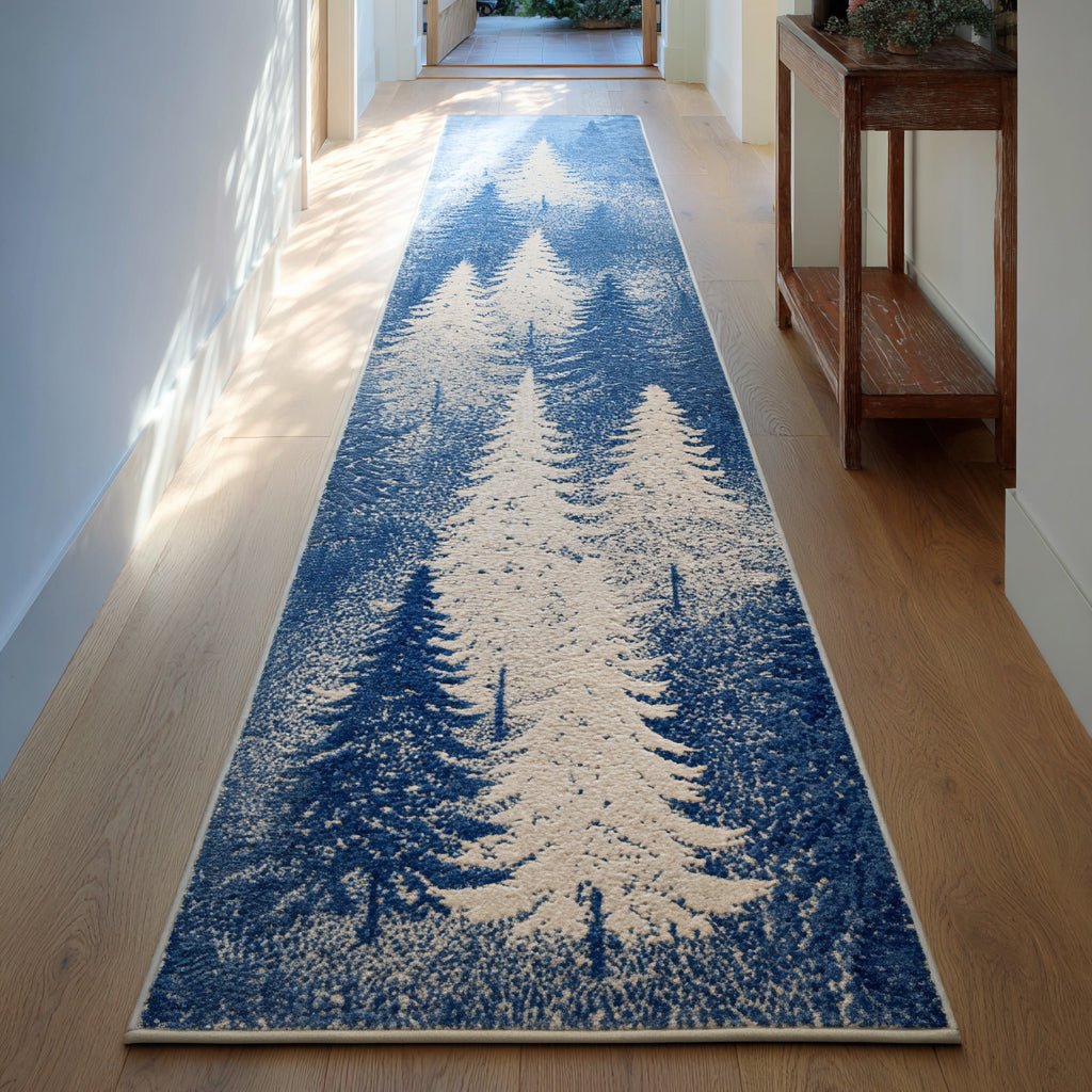 Blue Christmas Tree Runner Carpet Runner Rug - Cute Pet Design | Animal Printed Runner Rug