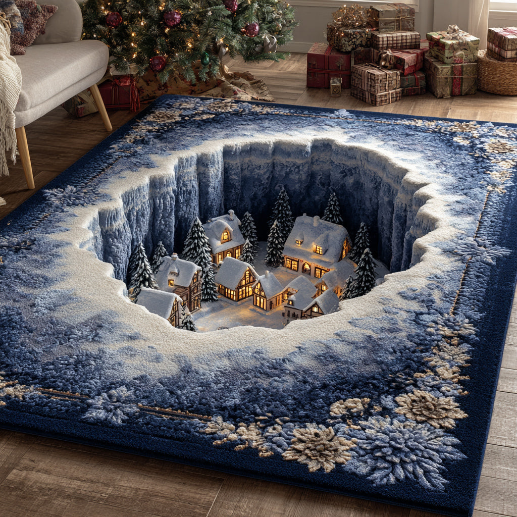Blue Christmas Village area rug in a living room