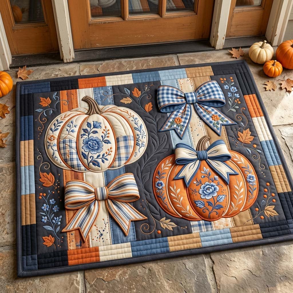 Blue Cottage Pumpkins Doormat - Seasonal Holiday Design | Printed Welcome Doormat