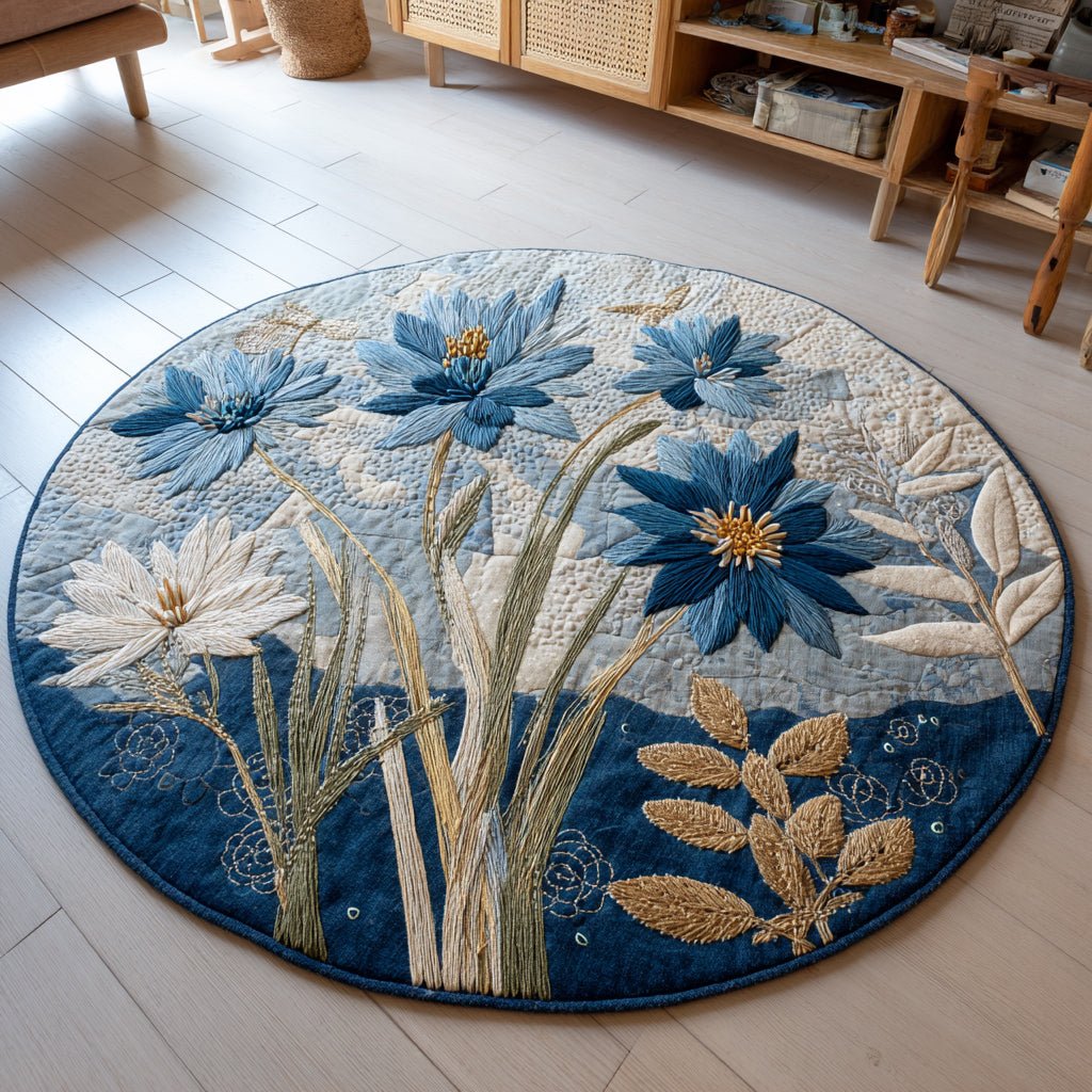 Blue Floral Round Mat Rug - washable non-slip printed rug