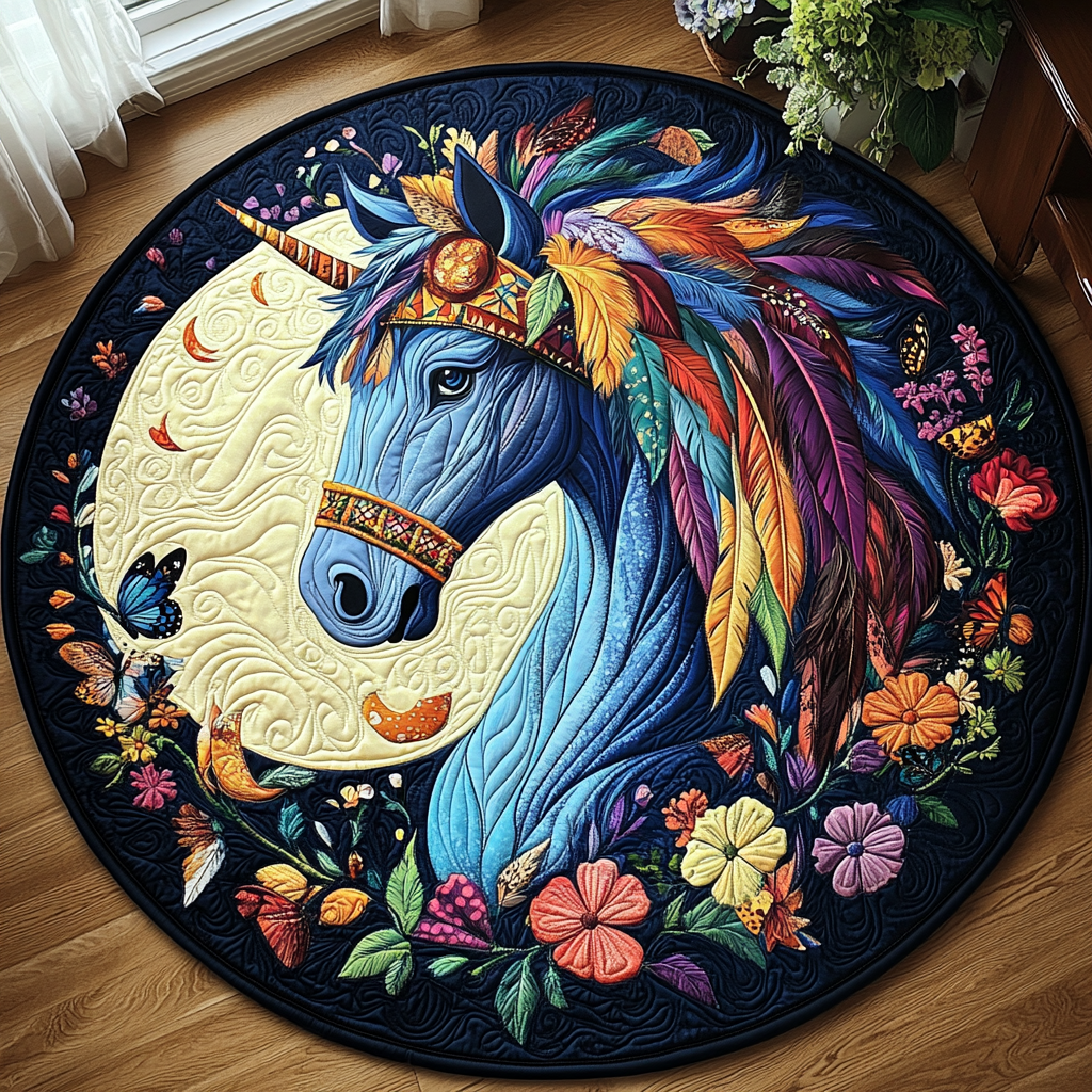 Blue Horse Themed Round Mat Rug NCU0PD833