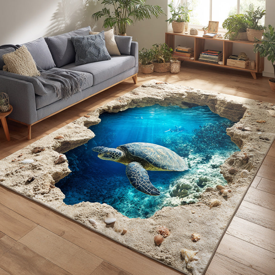 Blue Lagoon Escape area rug in a living room