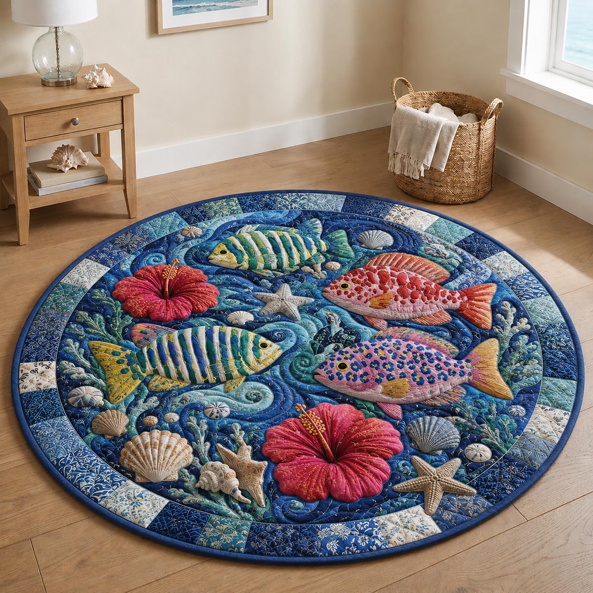 Blue Lagoon Round Mat Rug - washable non-slip printed rug