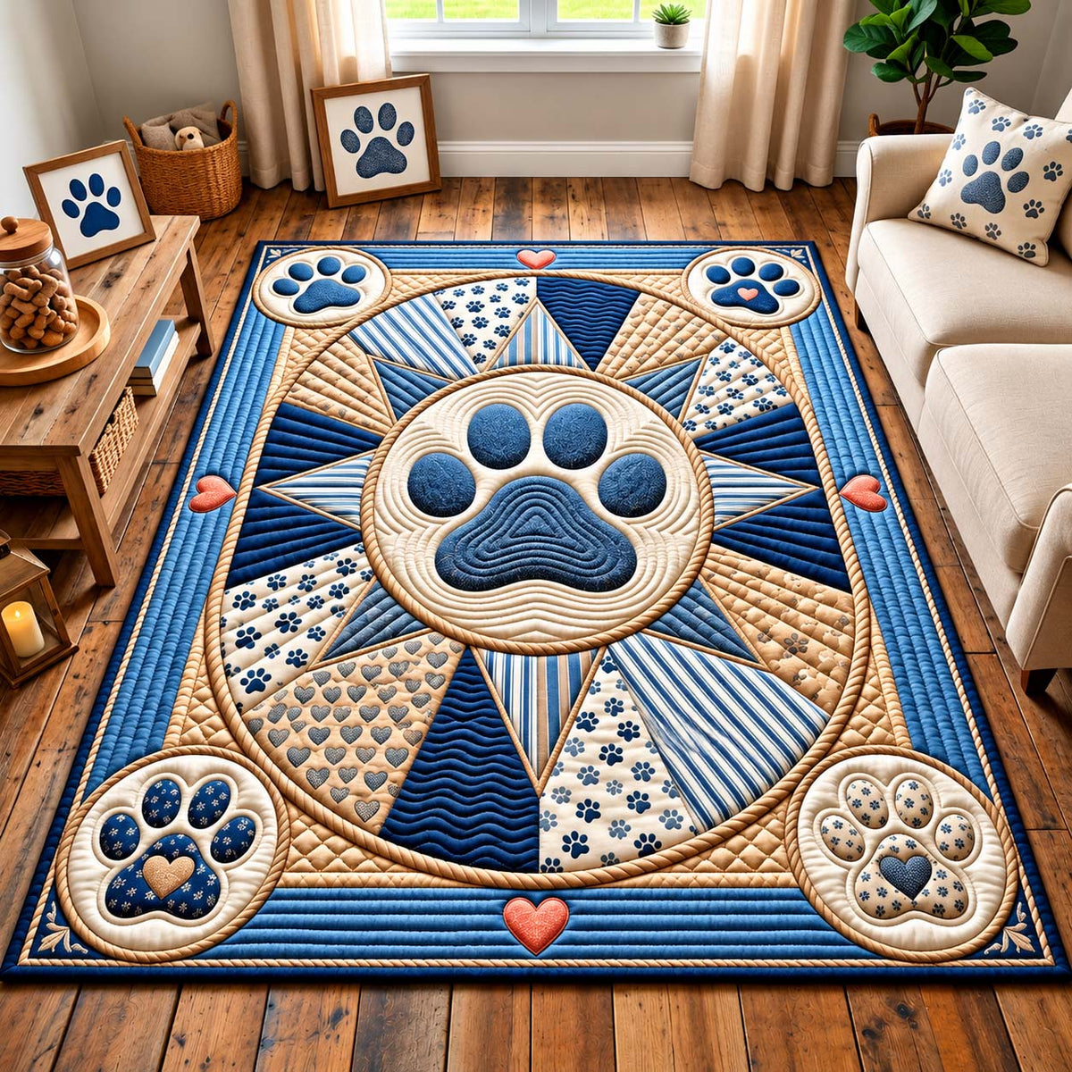 Blue Paw Medallion area rug in a living room