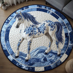 Blue Porcelain Horse Round Mat Rug - Cute Pet Design | Animal Printed Home Decor