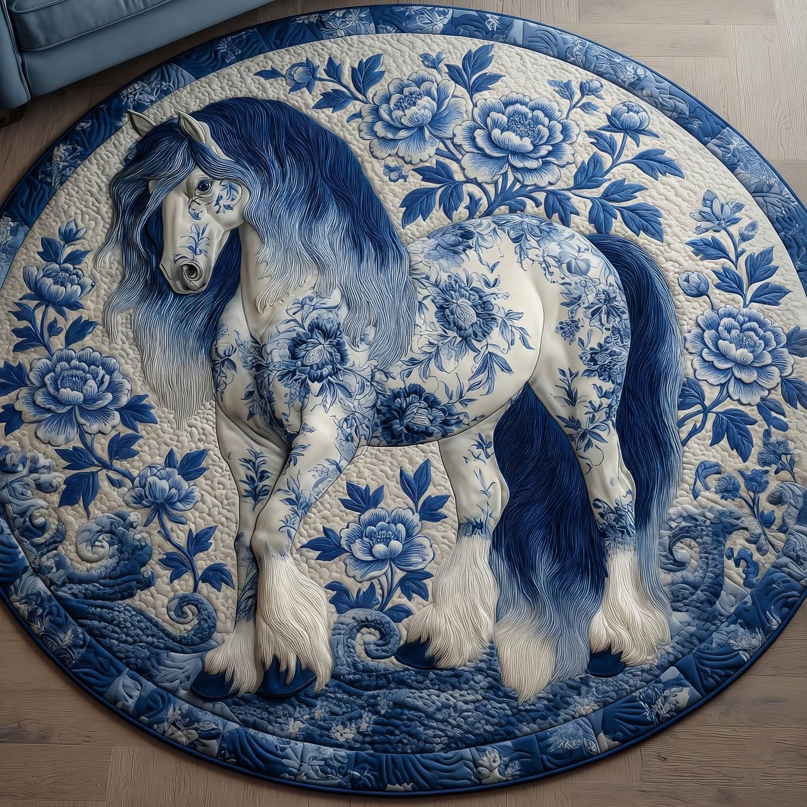 Blue Porcelain Horse Round Mat Rug - Cute Pet Design | Animal Printed Home Decor