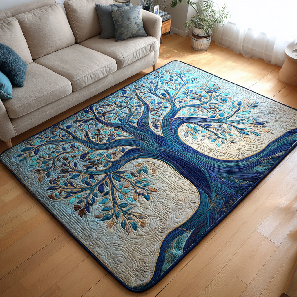 Blue Rootway area rug in a living room