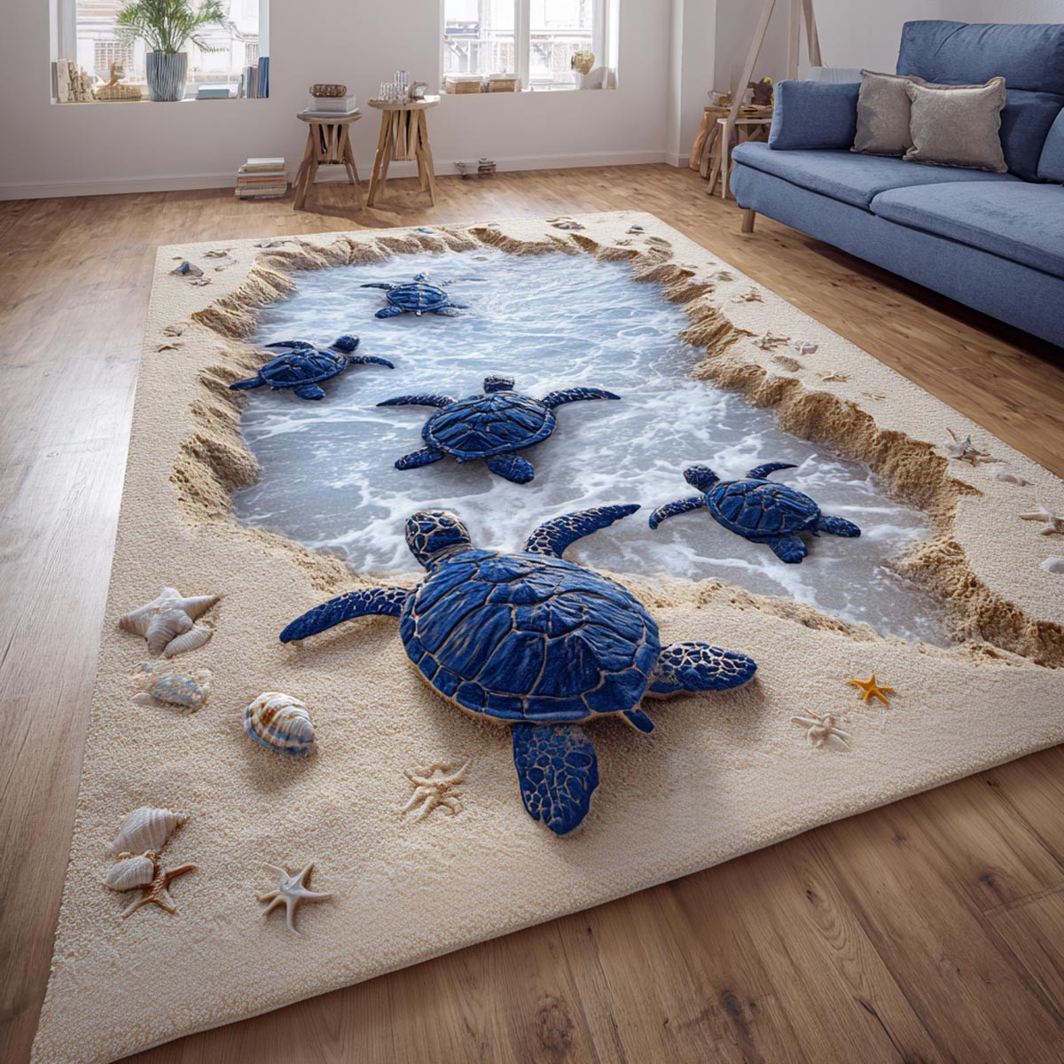 Blue Turtle area rug in a living room