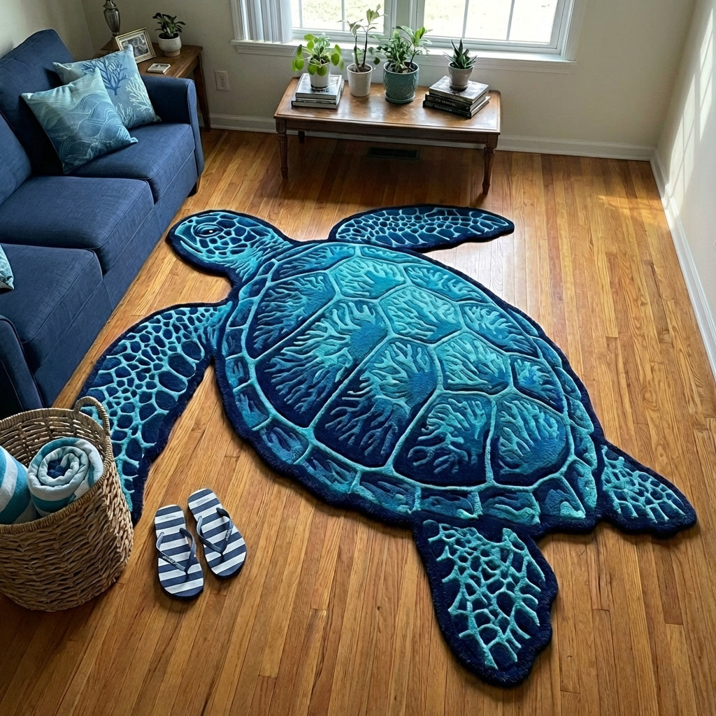 Blue Turtle Custom Shape Area Rug - Cute Animal Design | Die-Cut Non-Slip Rug - washable non-slip printed rug