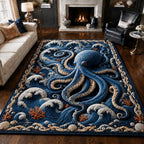 Blue Wave Octopus area rug in a living room