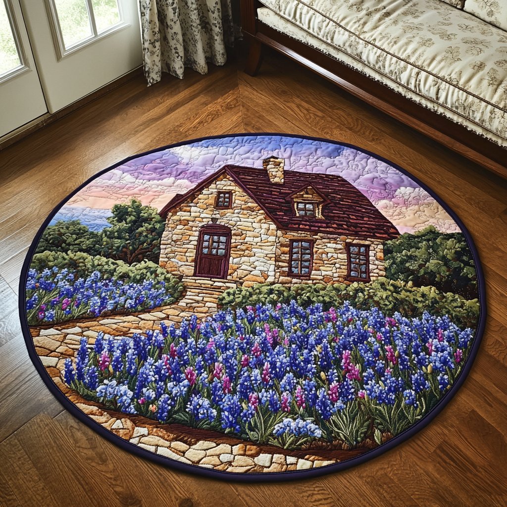 Bluebonnet Bloom Round Mat Rug - washable non-slip printed rug