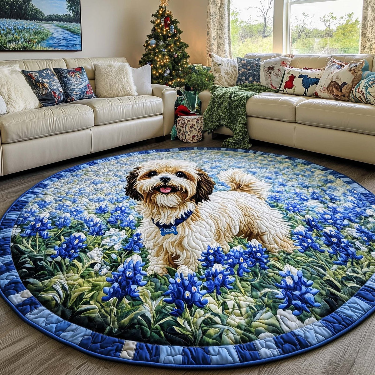 Bluebonnet Wanderer Round Mat Rug - washable non-slip printed rug