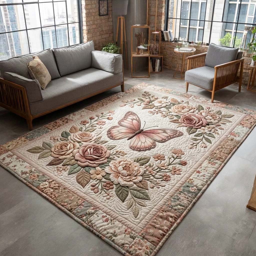 Blush Garden Flutter area rug in a living room