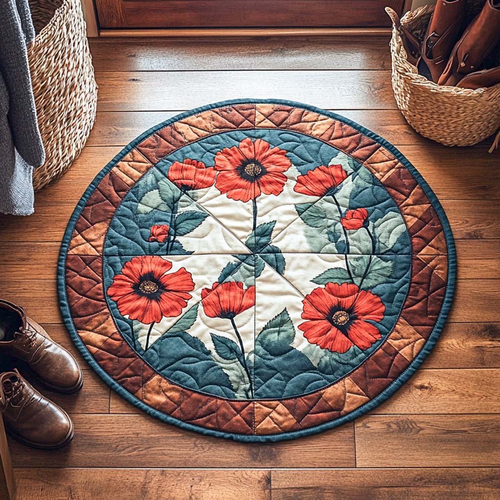 Blushing Poppy Garden Round Mat Rug - washable non-slip printed rug