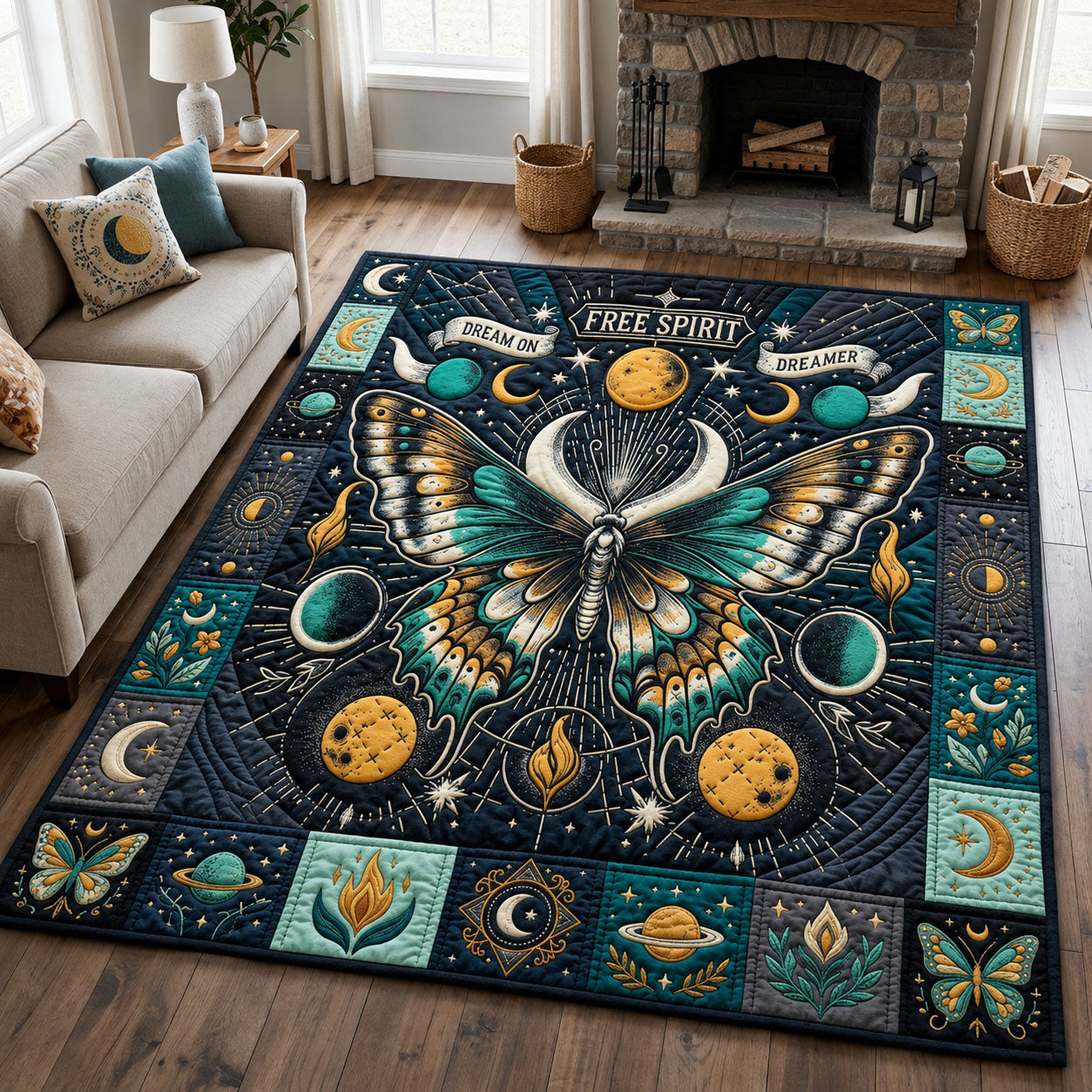 Boho Dream On Dreamer area rug in a living room